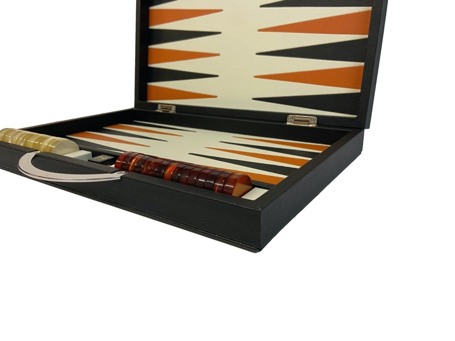 Backgammon Cuir Véritable GM - Noir / Orange - Renzo Romagnoli 7 Backgammon Cuir Véritable GM - Noir / Orange - Renzo Romagnoli – Image 5