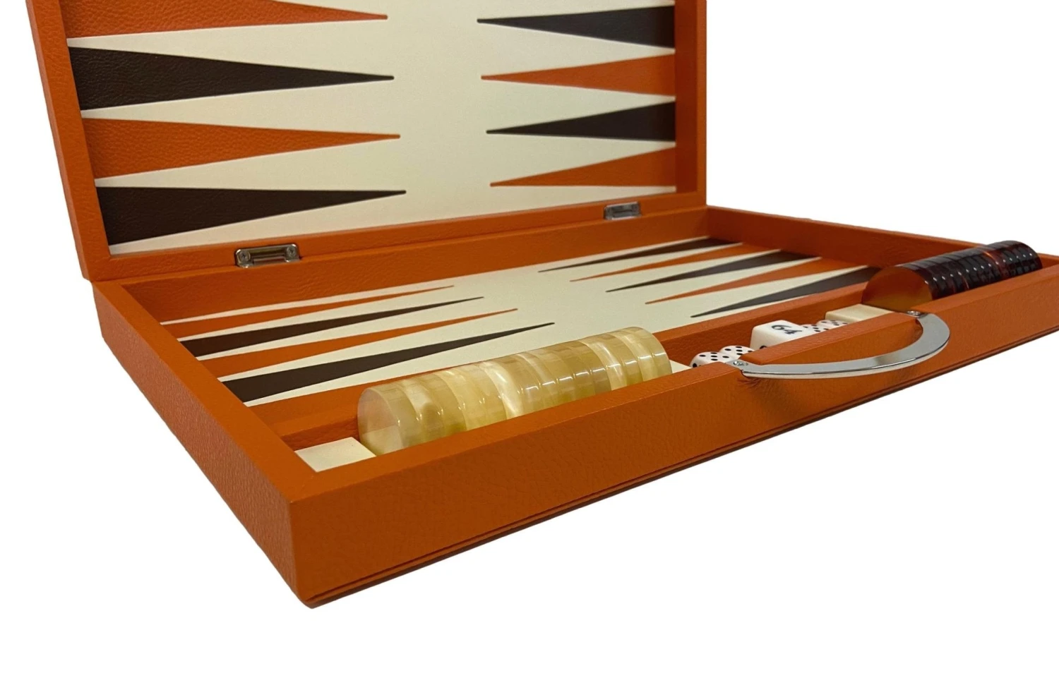 Backgammon Cuir Véritable GM - Orange - Renzo Romagnoli 5 Backgammon Cuir Véritable GM - Orange - Renzo Romagnoli – Image 3