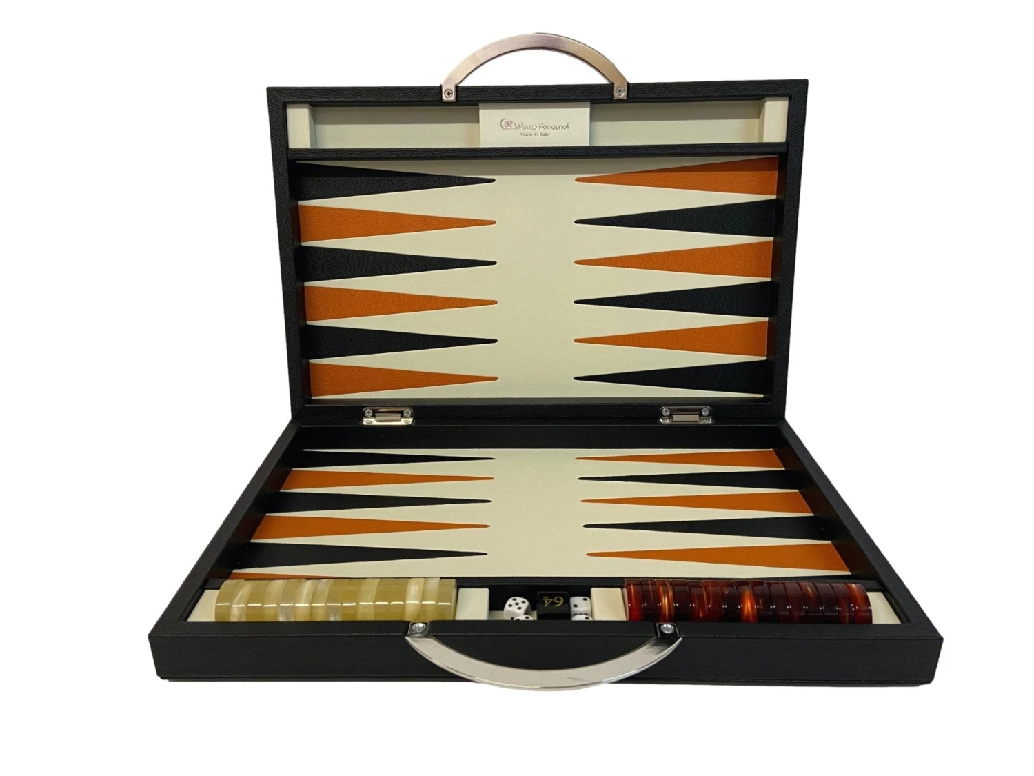 Backgammon En Cuir Véritable MM - Noir / Orange - Renzo Romagnoli 11 Backgammon En Cuir Véritable MM - Noir / Orange - Renzo Romagnoli – Image 9
