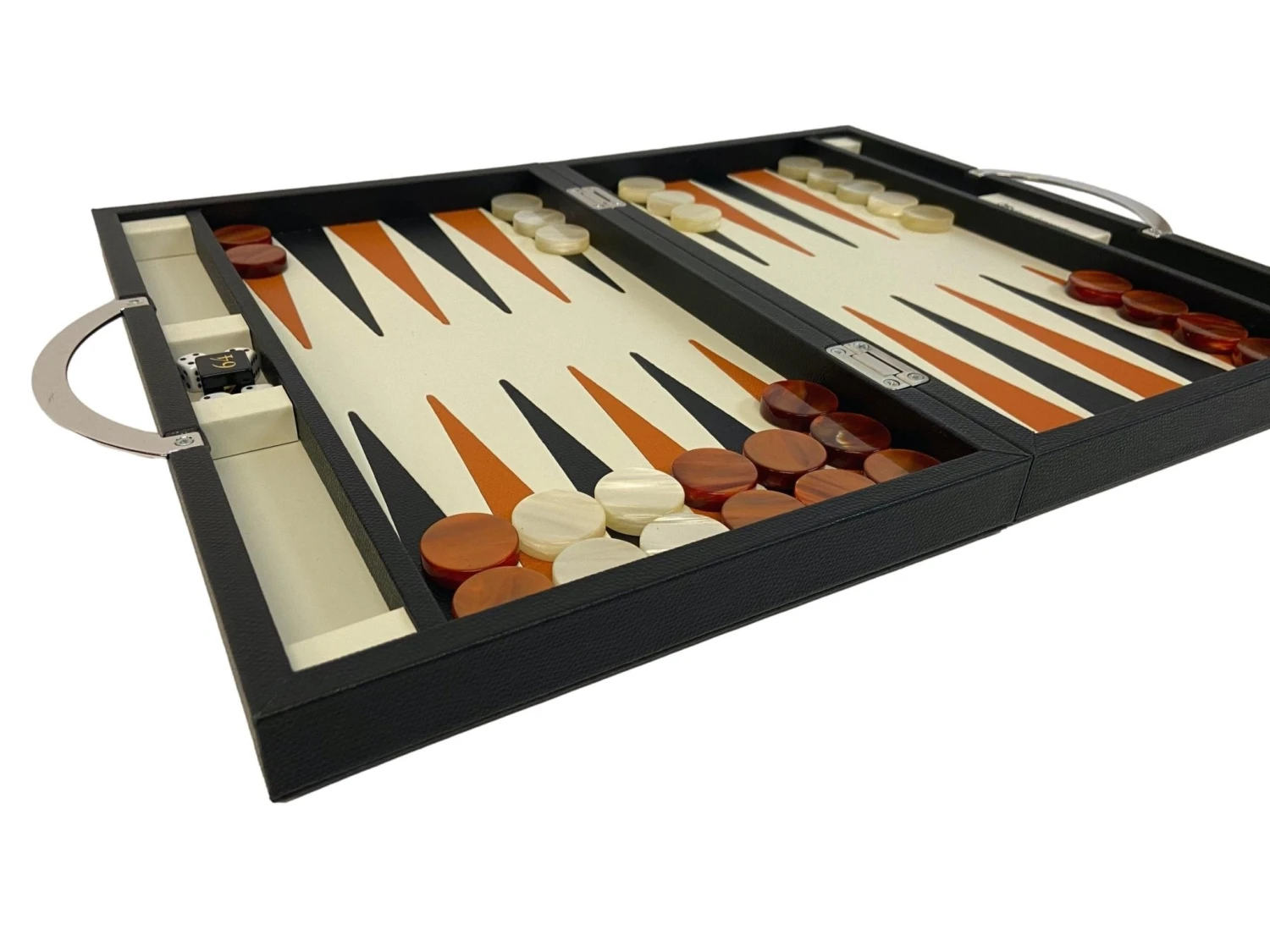 Backgammon En Cuir Véritable MM - Noir / Orange - Renzo Romagnoli 5 Backgammon En Cuir Véritable MM - Noir / Orange - Renzo Romagnoli – Image 3