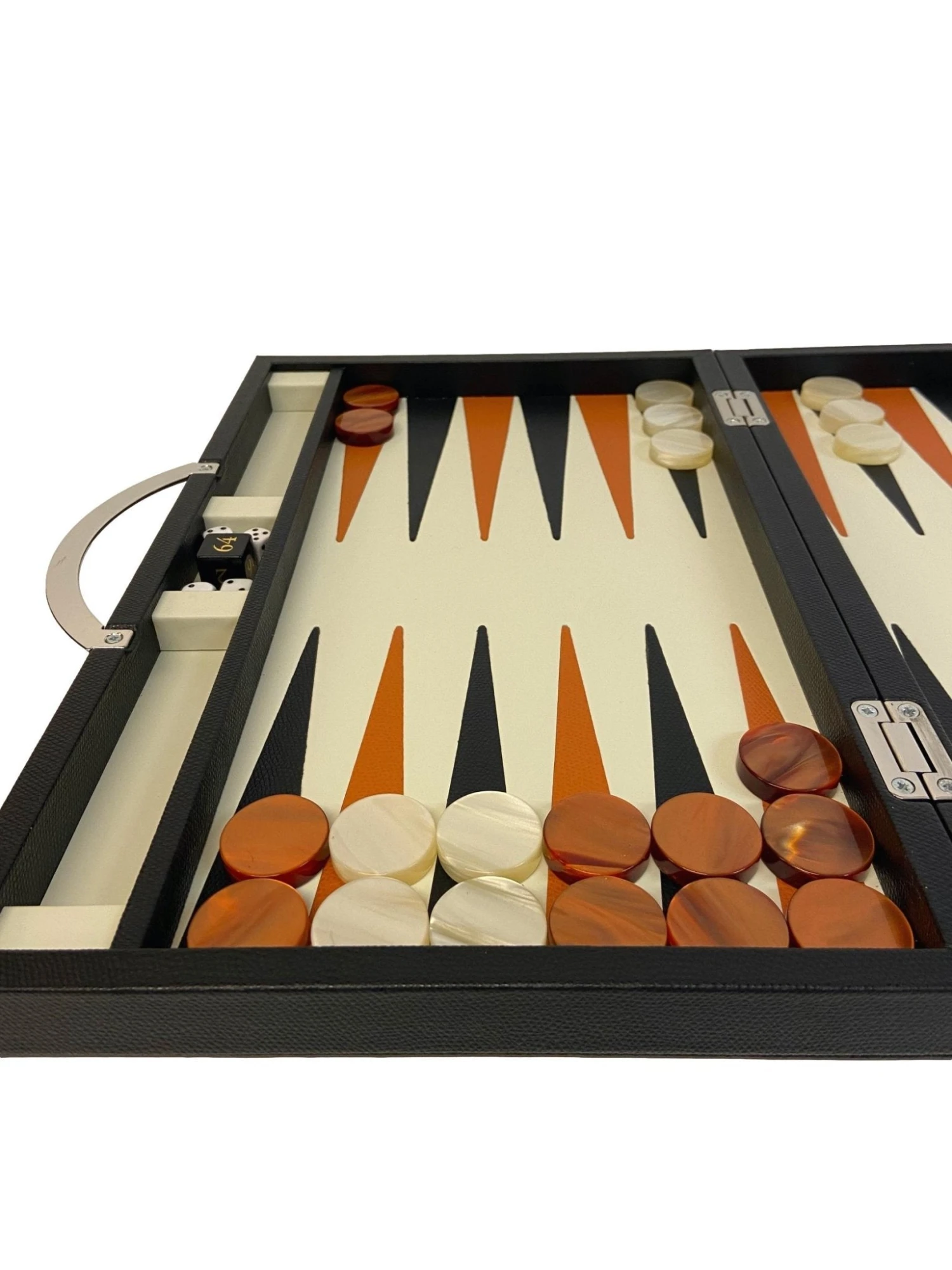 Backgammon En Cuir Véritable MM - Noir / Orange - Renzo Romagnoli 4 Backgammon En Cuir Véritable MM - Noir / Orange - Renzo Romagnoli – Image 2